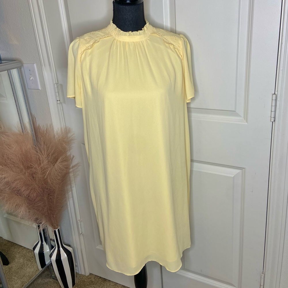 Ann Taylor Petite Yellow Dress Embroidered Ruffle Sleeves